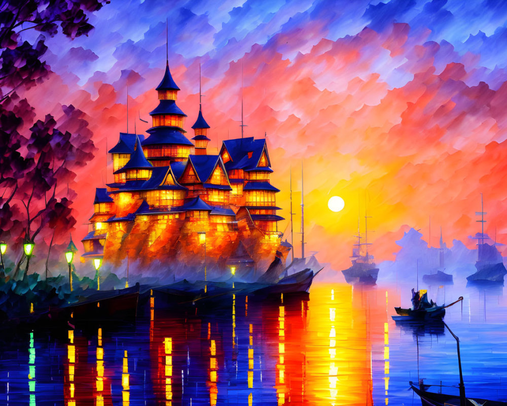 Digital artwork: Vibrant sunset harbor scene with traditional building, boats, and cloud-dappled sky