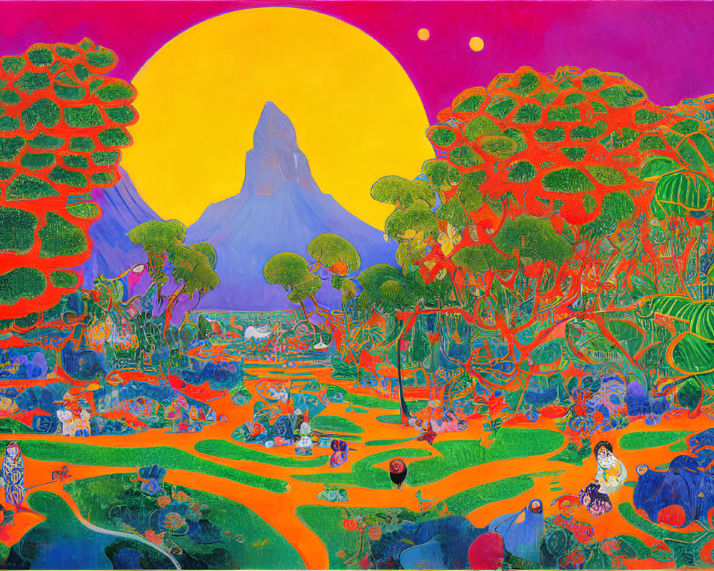 Colorful Landscape Painting with Yellow Sun, Trees, Mountain, and People