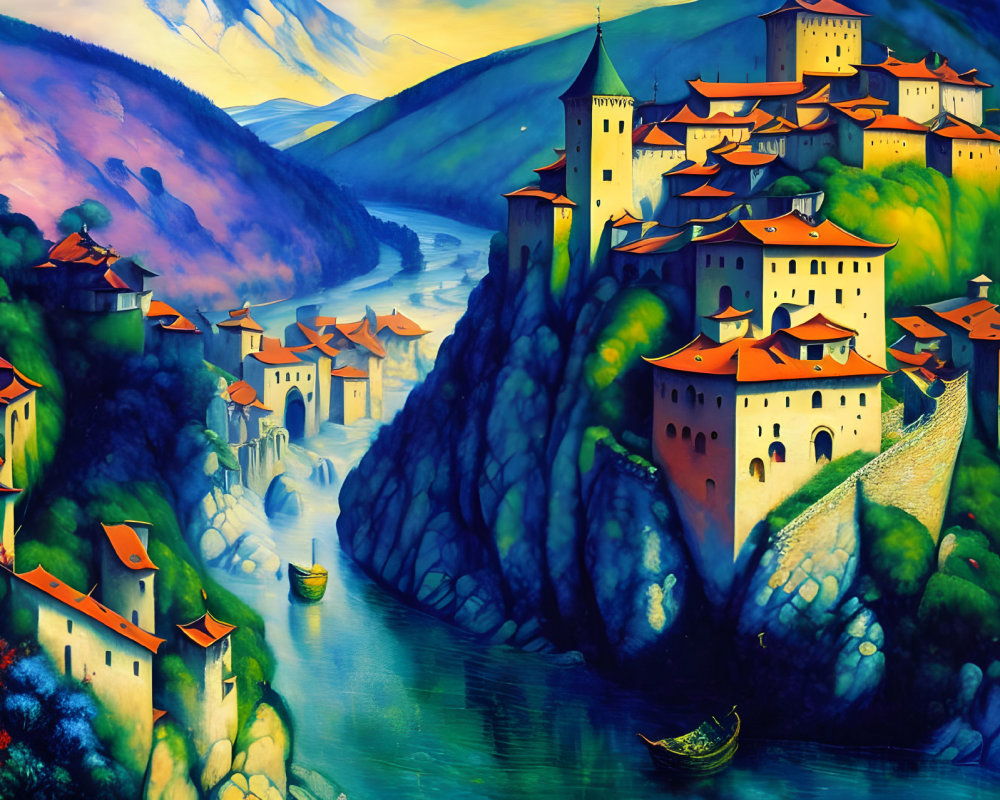 Fantasy illustration of vibrant castle town on cliffs by river