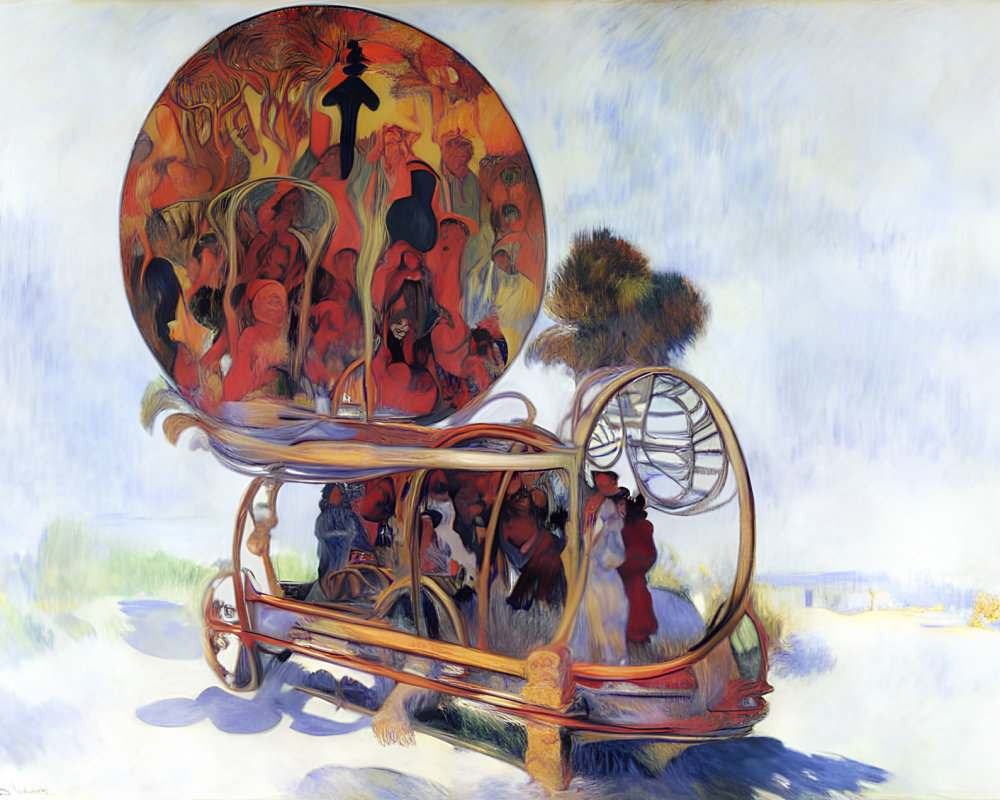 Colorful Fantastical Sleigh Painting with Orange Wheel & Whimsical Characters