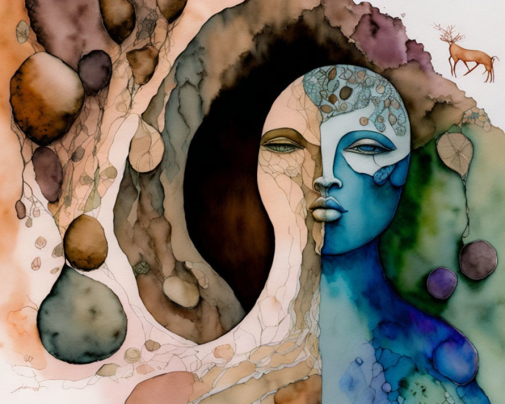 Abstract Blue Female Figure Surrounded by Earthy Tones and Deer Silhouette