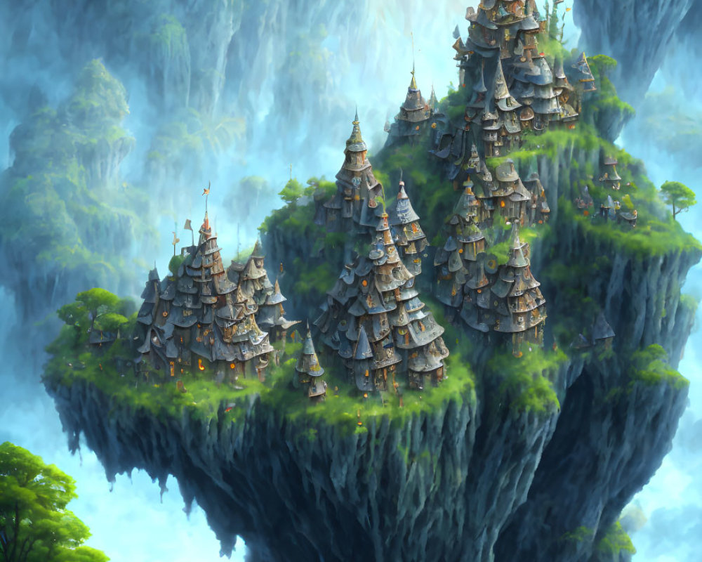 Fantastical floating island with lush greenery and medieval structures