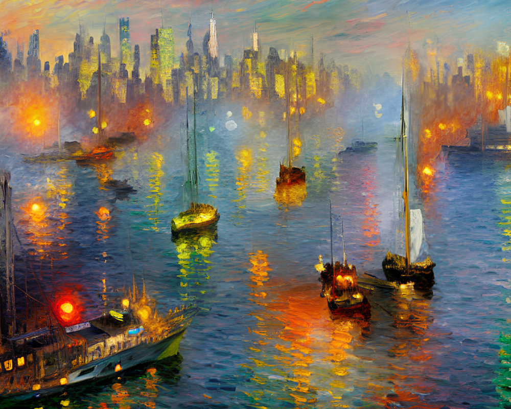 Impressionistic painting of bustling harbor at dusk