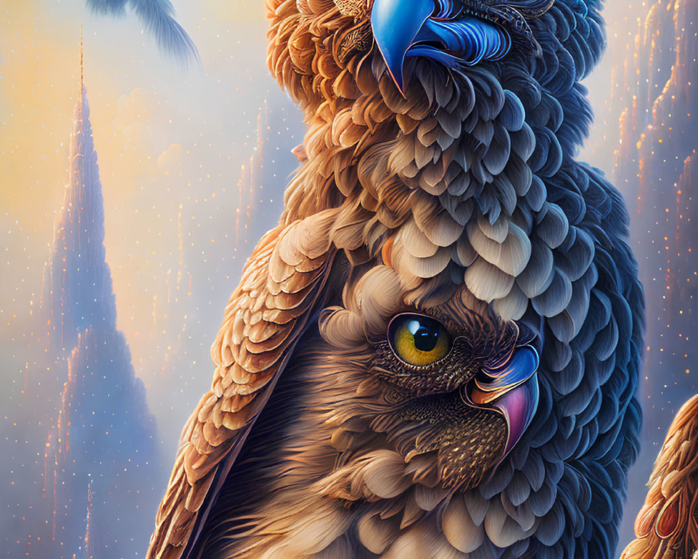 Detailed digital artwork of fantastical birds against glowing spires