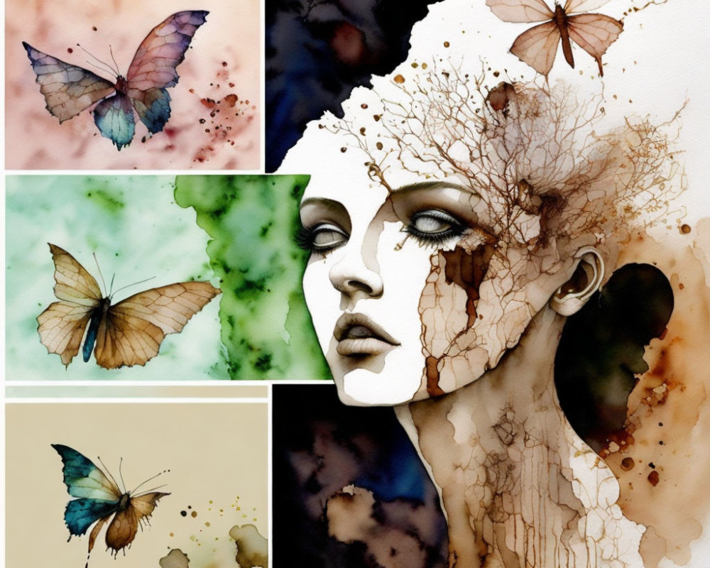 Surreal watercolor portrait collage with cracked features, branches, butterflies, and abstract splashes