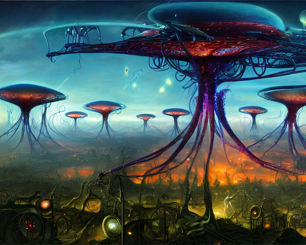 Bioluminescent mushroom structures in futuristic cityscape