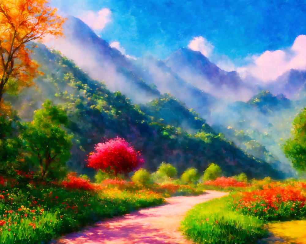 Colorful landscape painting with winding path, blooming trees, and misty mountains under soft blue sky