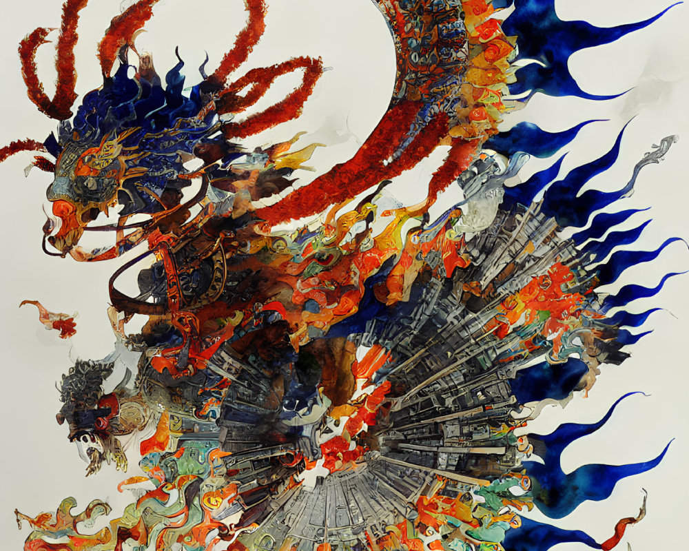 Colorful Asian Dragon Art Against Monochrome Architecture