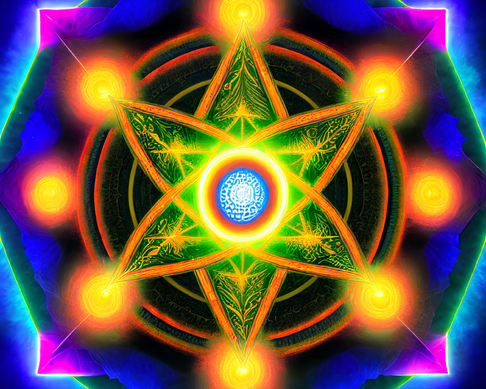 Digital Artwork: Luminous Eight-Pointed Star in Neon Border