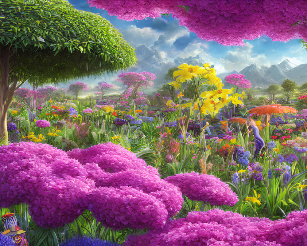 Colorful fantasy garden with oversized pink flowers and lush greenery