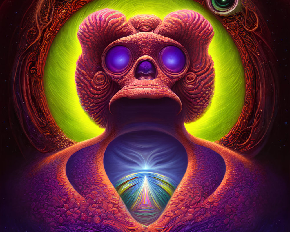 Colorful psychedelic art: otherworldly entity with purple eyes in intricate patterns