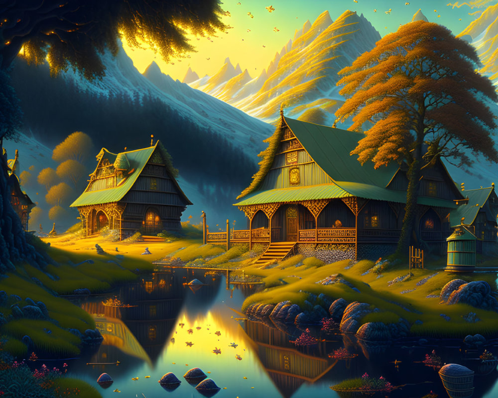 Fantasy landscape with wooden cottages, lake, trees, mountains at twilight