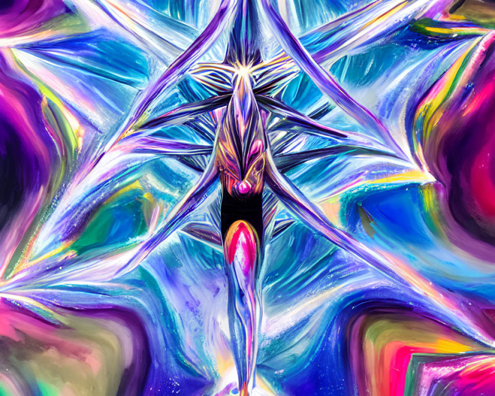 Colorful Abstract Painting: Central Figure Diving Through Star-like Formation in Blue, Pink, and Purple