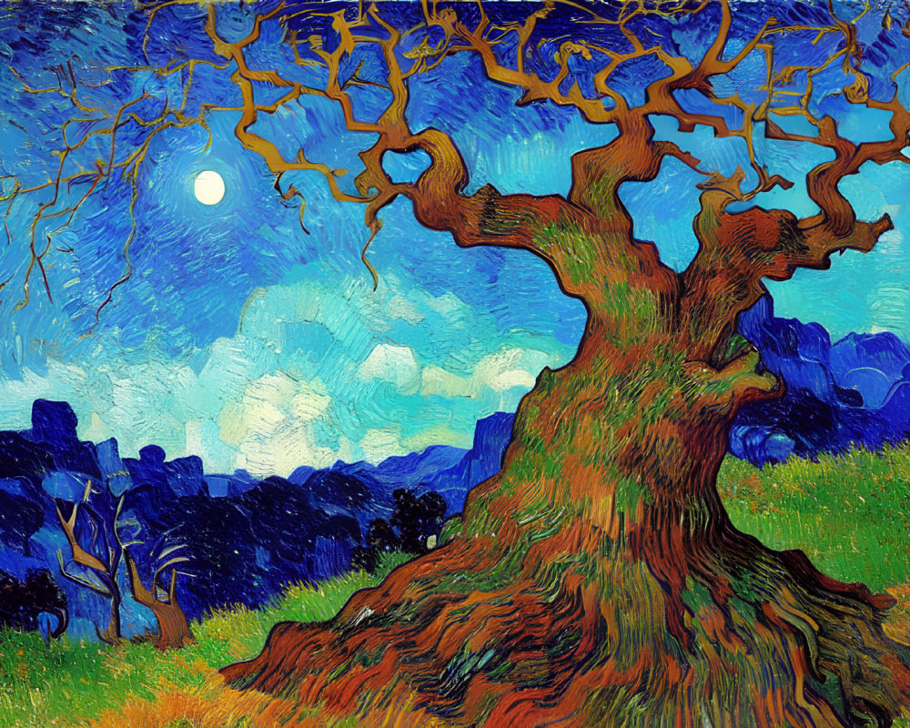 Colorful painting of twisted tree under swirling sky similar to Starry Night