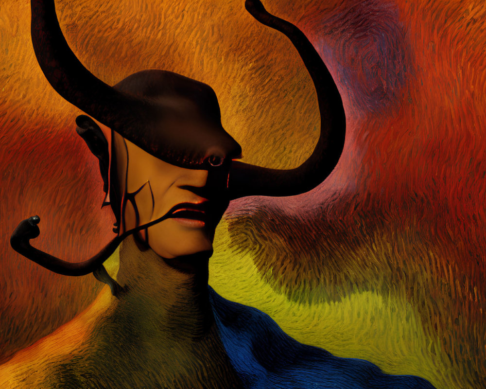 Person with Bull-Like Horns in Colorful Abstract Background