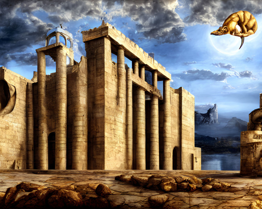 Fantasy artwork: Ancient temple, floating island, elephant, moon, surreal desert landscape