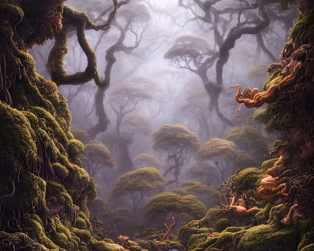 Moss-covered trees in misty forest scene