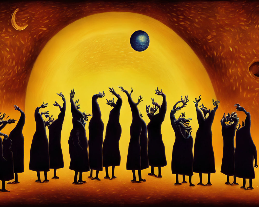 Surreal painting: robed figures, moon, celestial bodies in golden sky