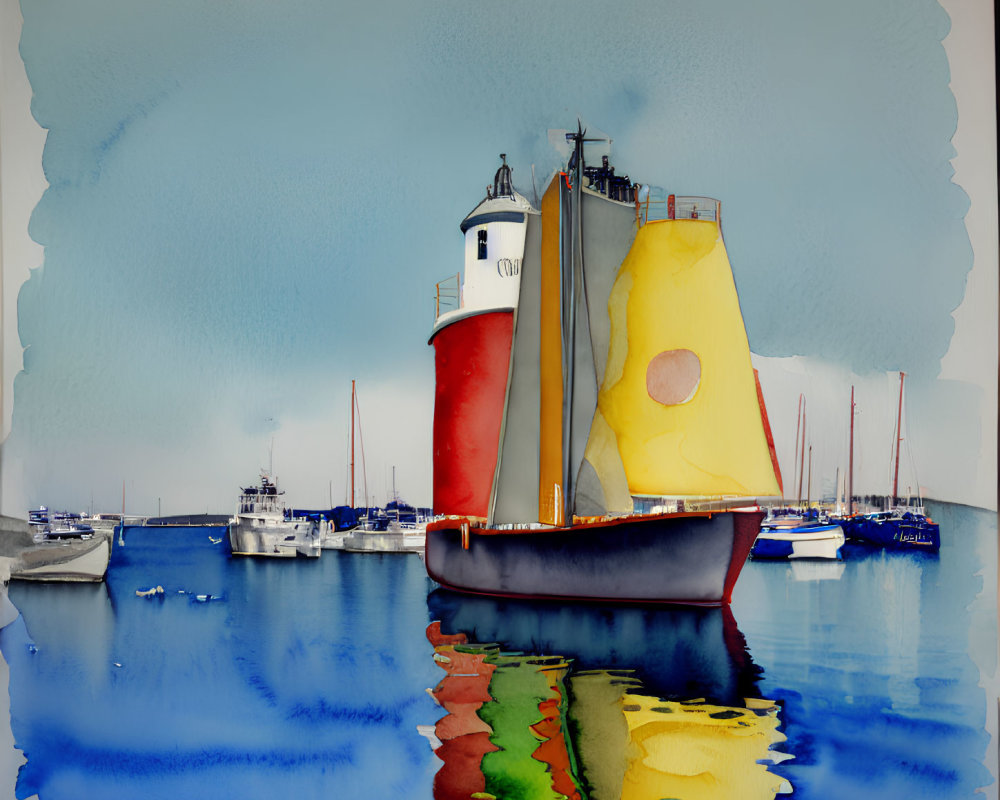 Vibrant watercolor painting of sailboats in marina with lighthouse