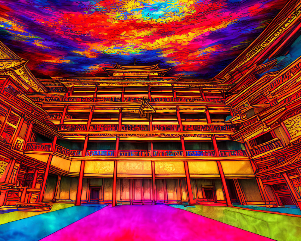 Colorful Psychedelic Asian-Style Palace Illustration