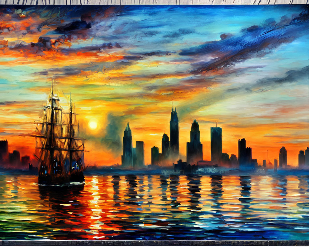 Colorful vintage ship painting sailing before modern city skyline at sunset