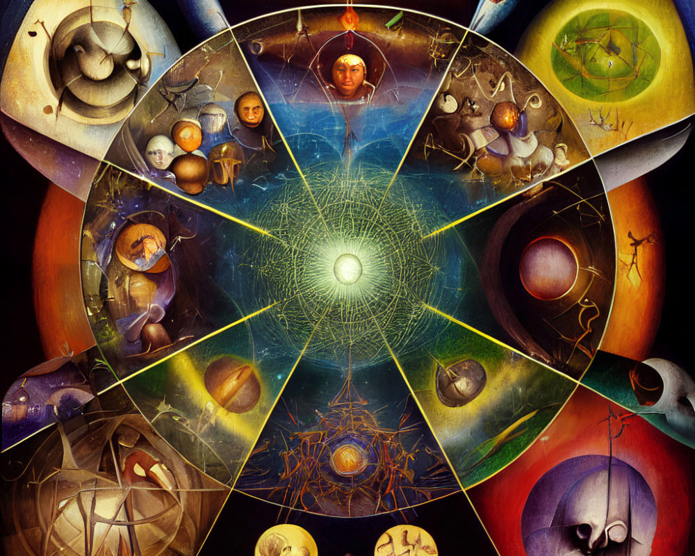 Detailed surrealistic cosmological diagram with human figures and celestial bodies.