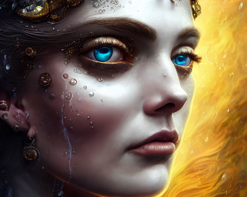 Portrait of Woman with Vibrant Blue Eyes and Ornate Golden Headpiece in Fiery Setting