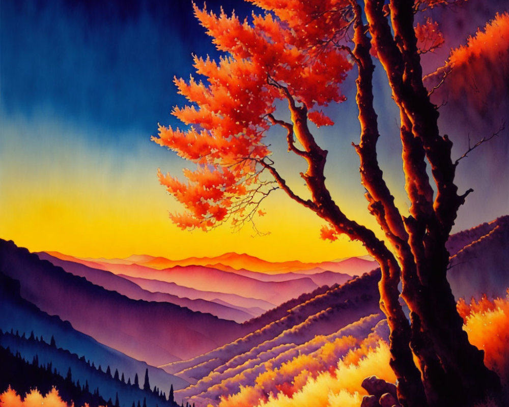 Colorful painting of fiery orange tree against blue and purple mountains under sunset sky