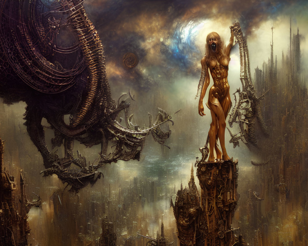 Surreal apocalyptic landscape with humanoid figure and cosmic ruins