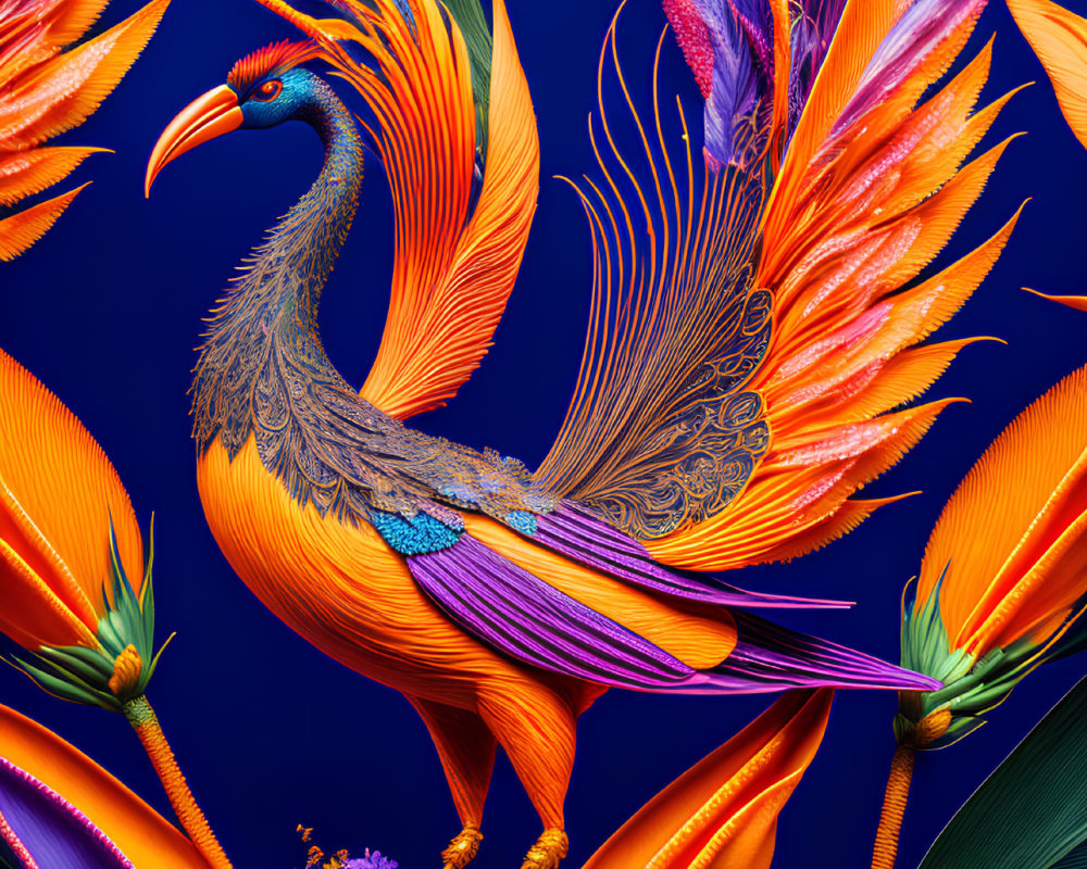 Colorful ornate bird digital art with detailed feathers on blue background