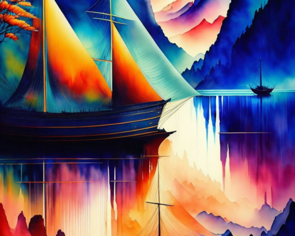 Colorful sailboat artwork with mirrored effect against mountainous backdrop