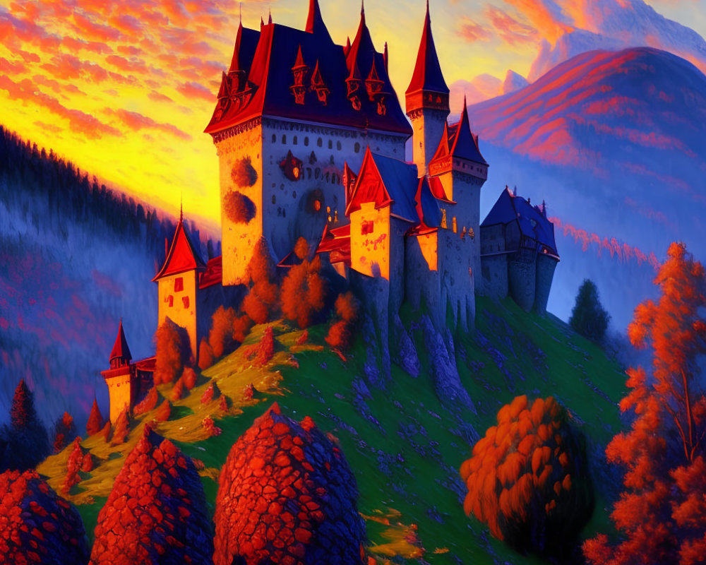 Castle on Hill at Sunset with Autumn Foliage