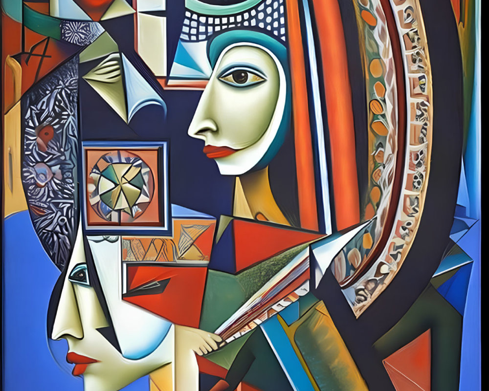 Cubist painting with geometric shapes and overlapping faces