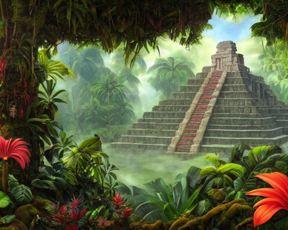 Ancient pyramid in lush jungle with vibrant flora and mystical fog