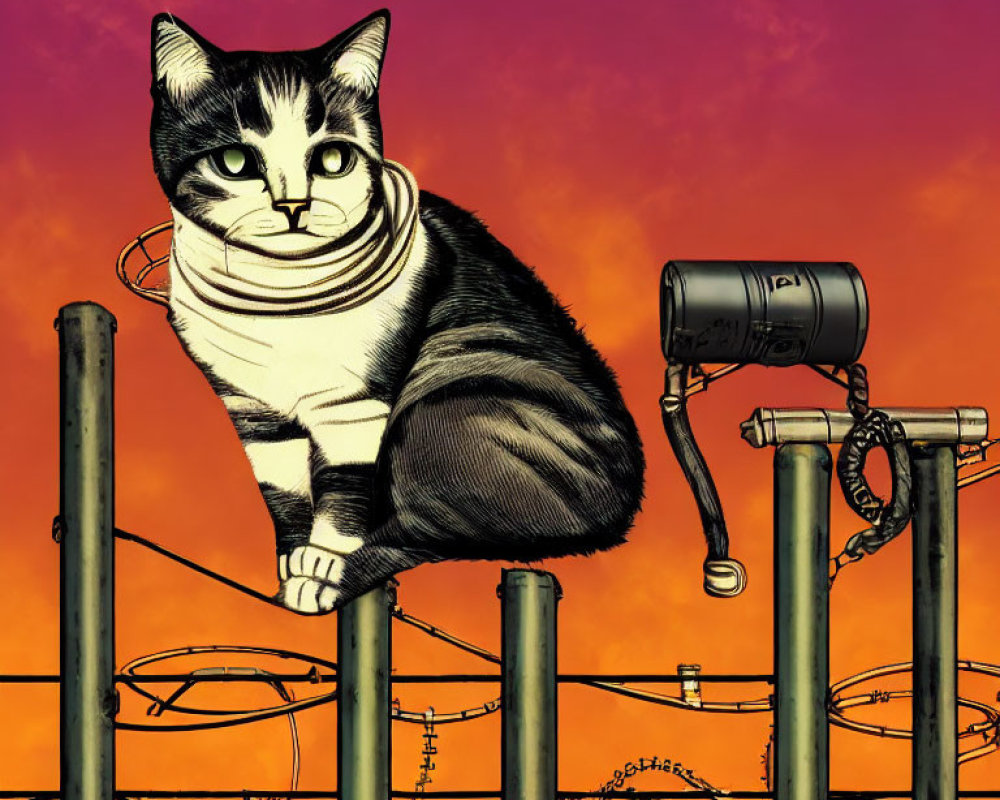 Black and white cat on pole with barbed wire and surveillance camera under purple and orange sky