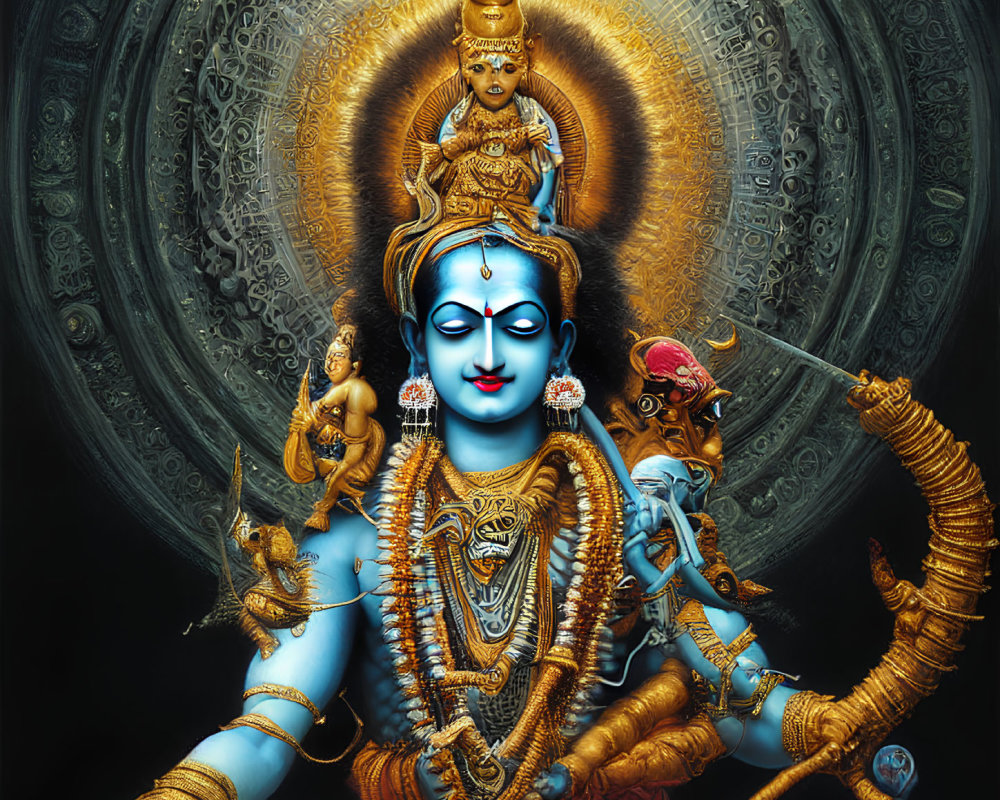 Vibrant multi-armed blue deity in ornate setting