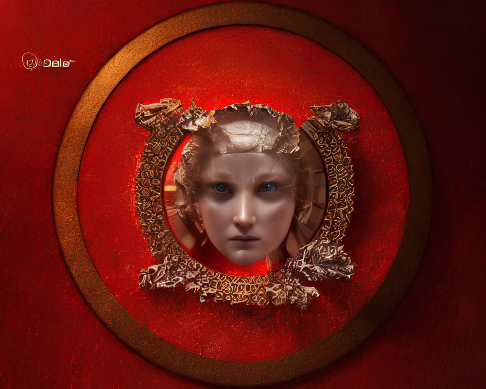 Surreal human face in circular frame on red background with golden details