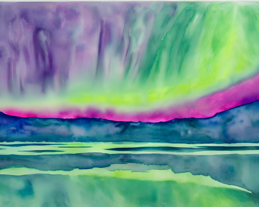 Multicolored Abstract Painting with Flowing Patterns of Purple, Green, Pink, and Blue