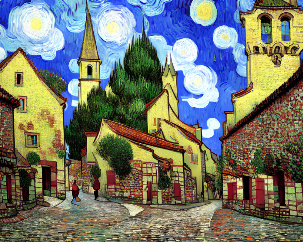 Vibrant starry night scene of a quaint village with swirl-patterned sky, cobbled streets