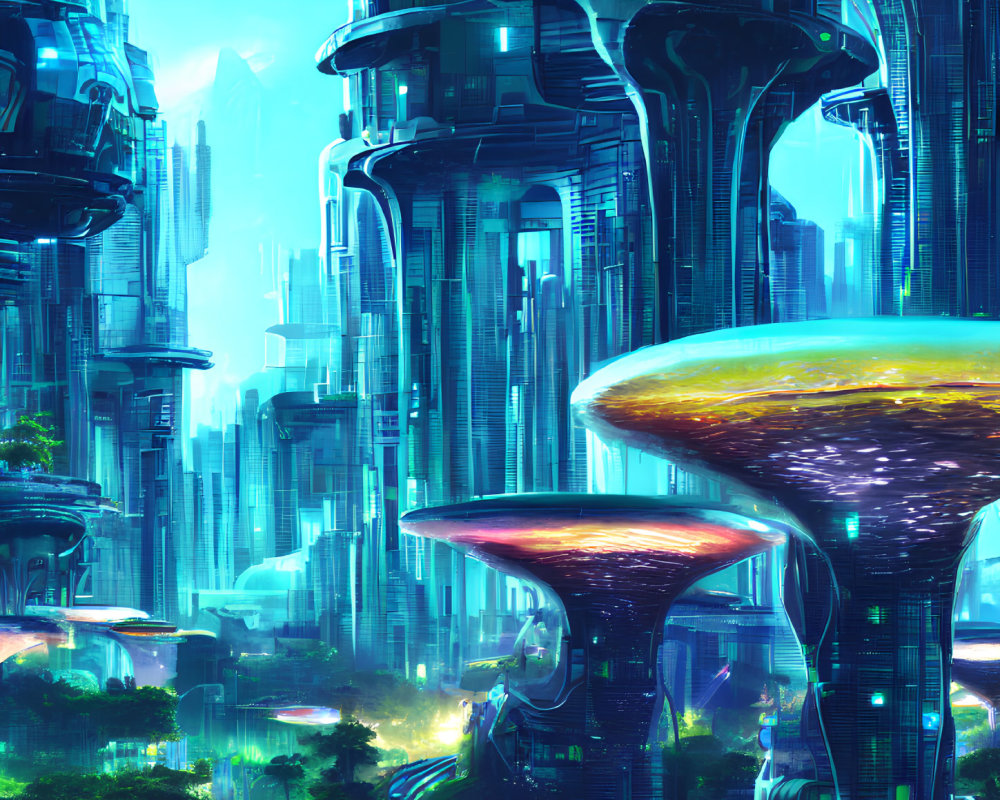 Futuristic sci-fi cityscape with mushroom-like structures amid lush greenery