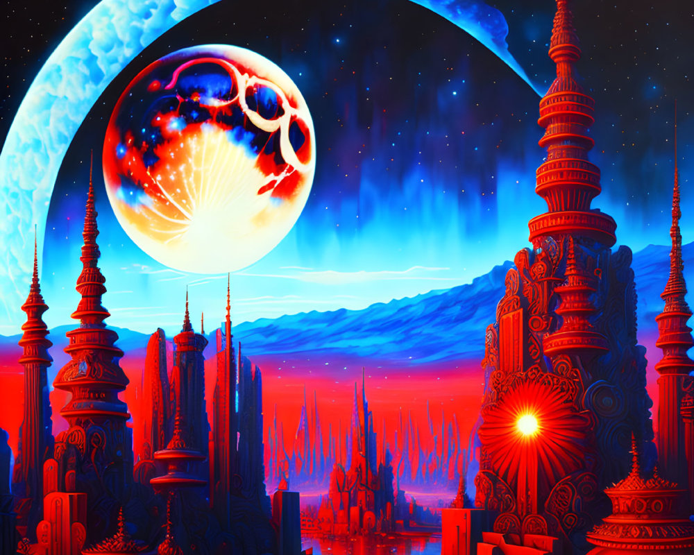 Futuristic sci-fi cityscape with towering spires under a large moon