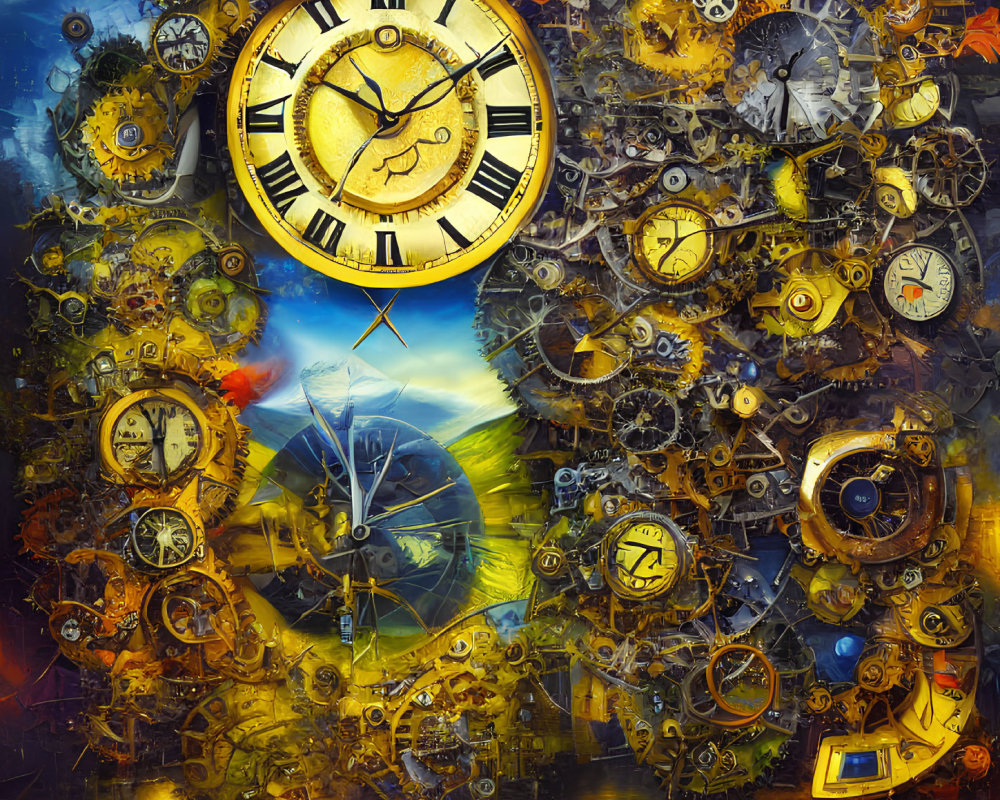 Steampunk collage with clocks, gears, and nature elements