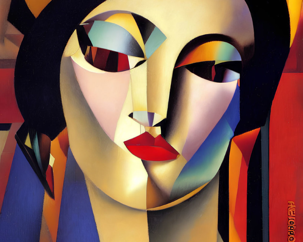 Colorful Cubist Portrait of Woman with Geometric Shapes