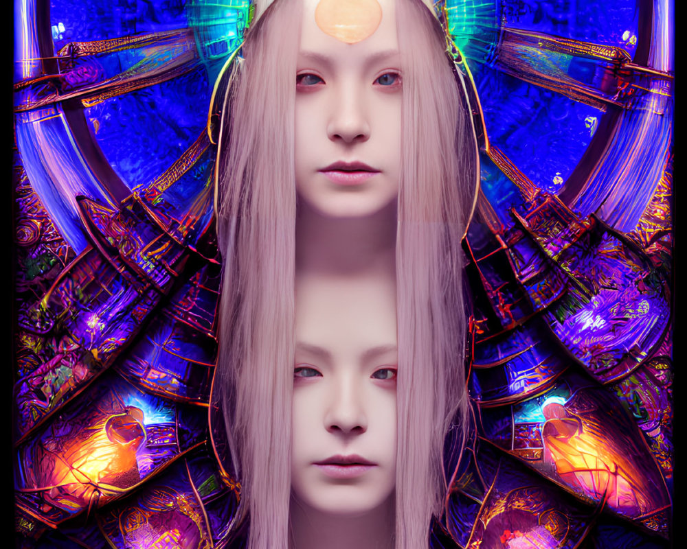 Surreal portrait with overlapping faces and vibrant geometric patterns