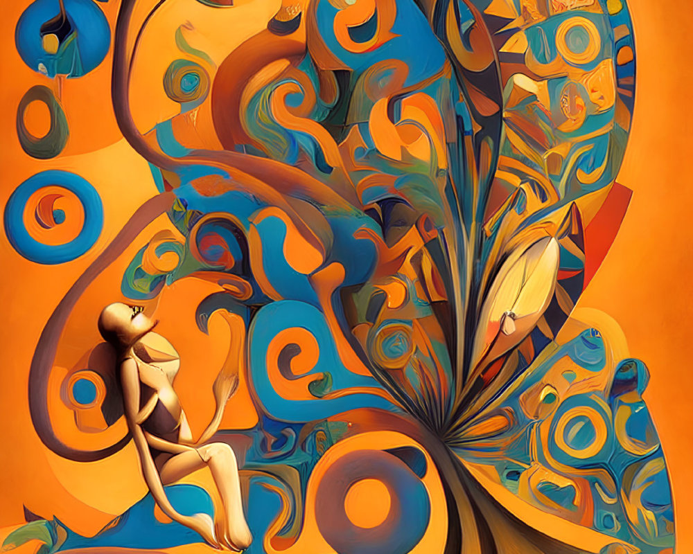 Colorful surreal painting with humanoid figure and whimsical vortex.