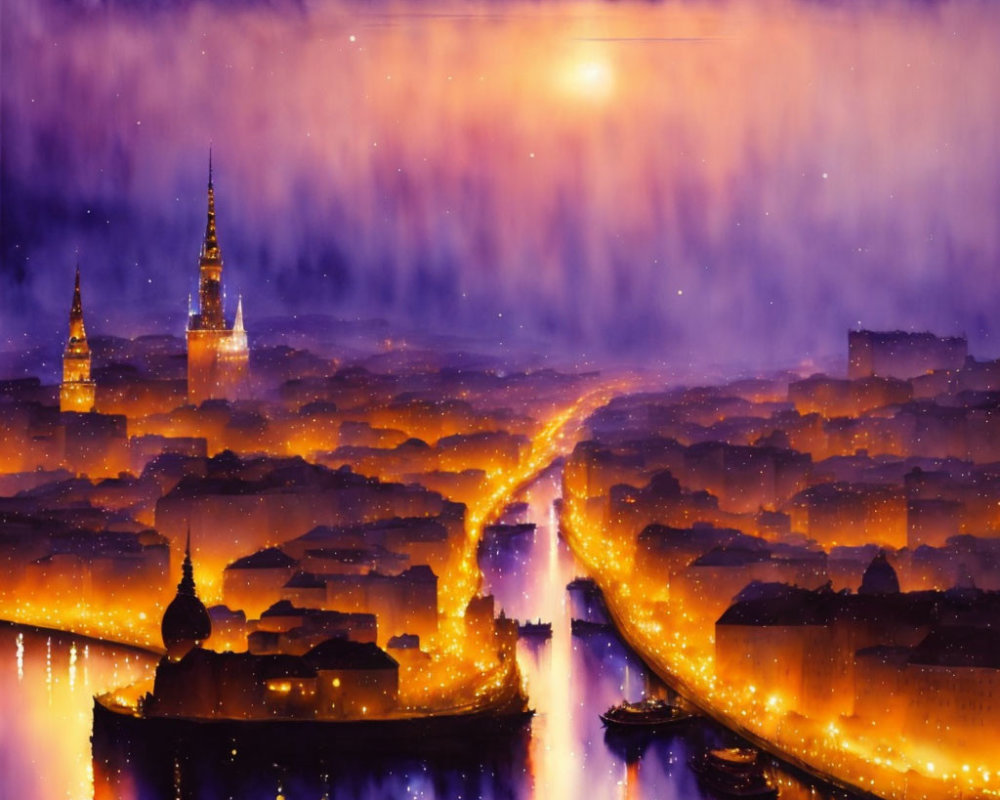 Cityscape at Night: Golden Lights, Prominent Spires