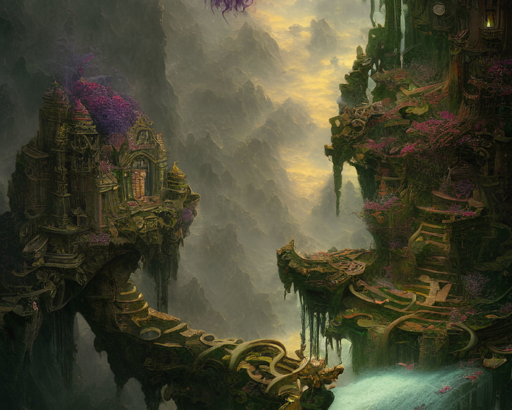 Fantastical landscape with ancient cliffside temples and floating landmass.