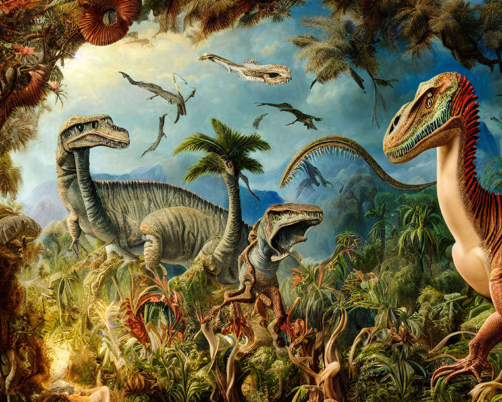 Prehistoric dinosaur scene with lush vegetation and flying reptiles