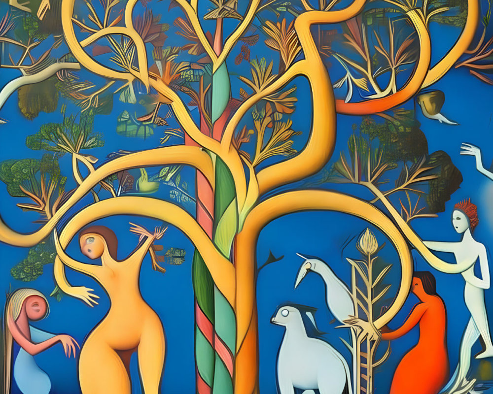 Colorful Abstract Tree of Life with Human and Animal Figures on Blue Background