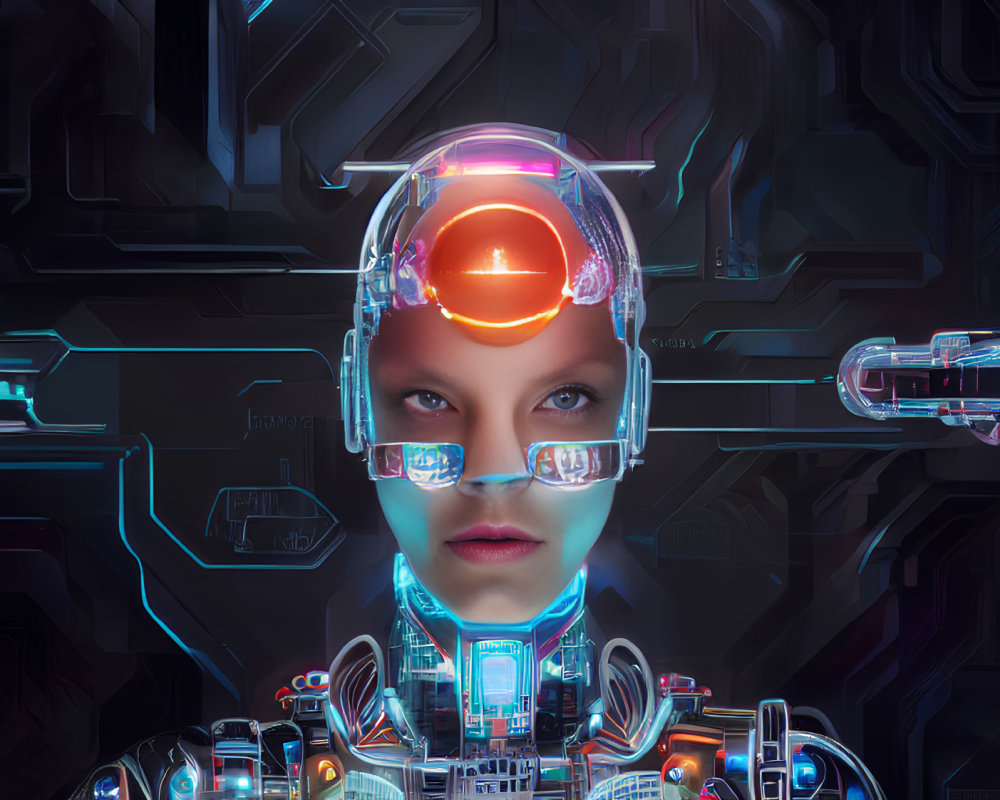 Futuristic cybernetic being with illuminated headgear and glasses in technological setting